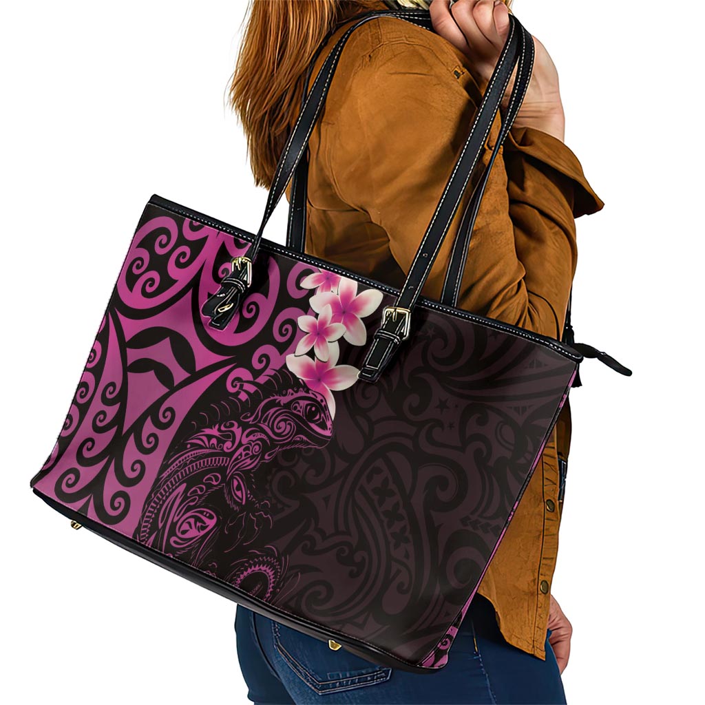 New Zealand Tuatara Plumeria Leather Tote Bag Maori Pink Koru Tribal Tattoo