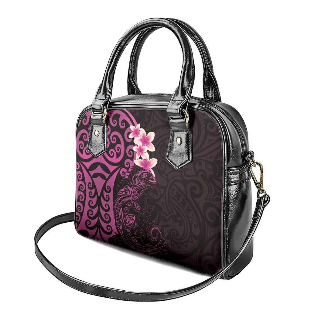 New Zealand Tuatara Plumeria Shoulder Handbag Maori Pink Koru Tribal Tattoo