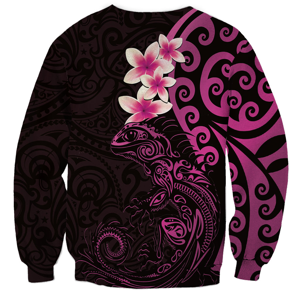 New Zealand Tuatara Plumeria Sweatshirt Maori Pink Koru Tribal Tattoo