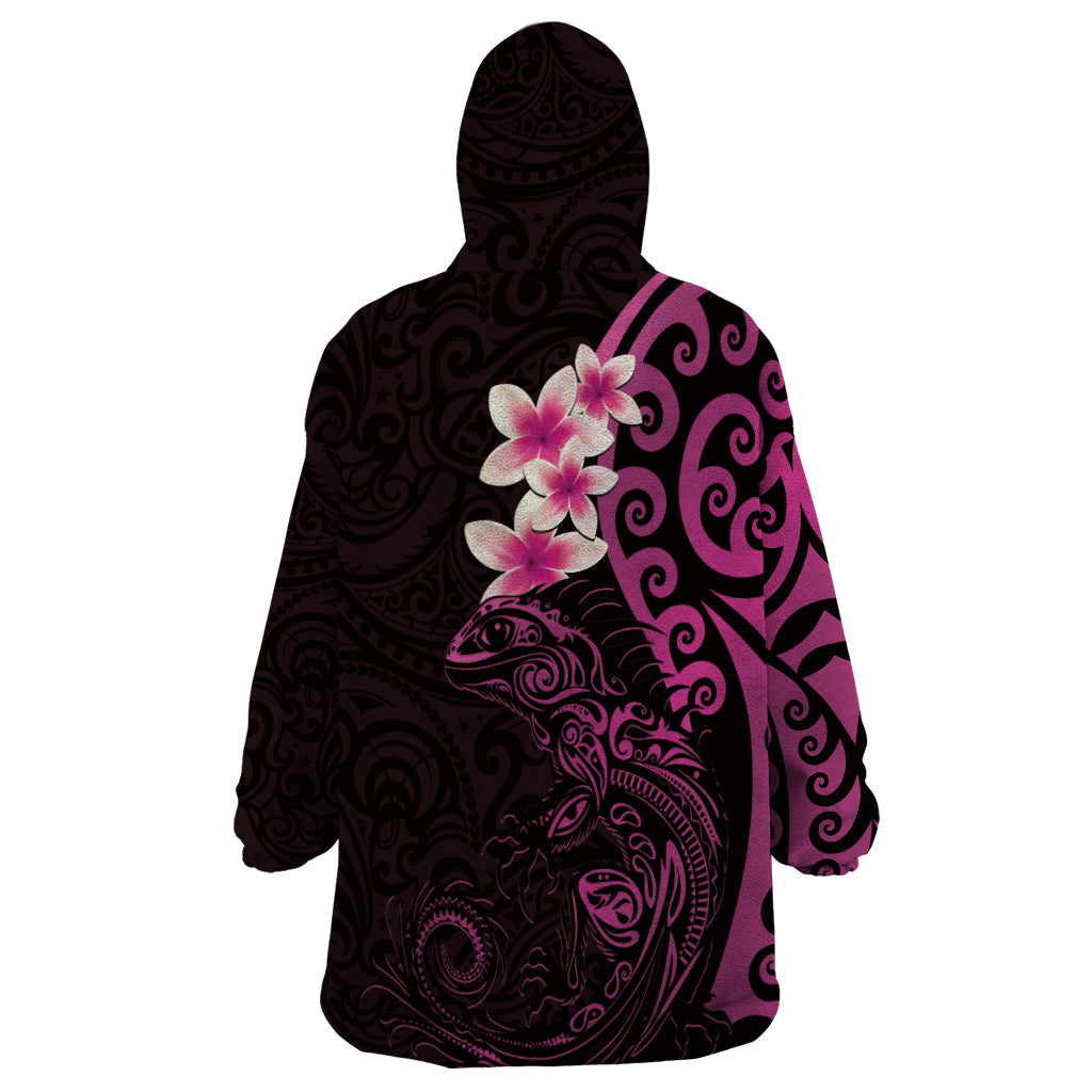 New Zealand Tuatara Plumeria Wearable Blanket Hoodie Maori Pink Koru Tribal Tattoo