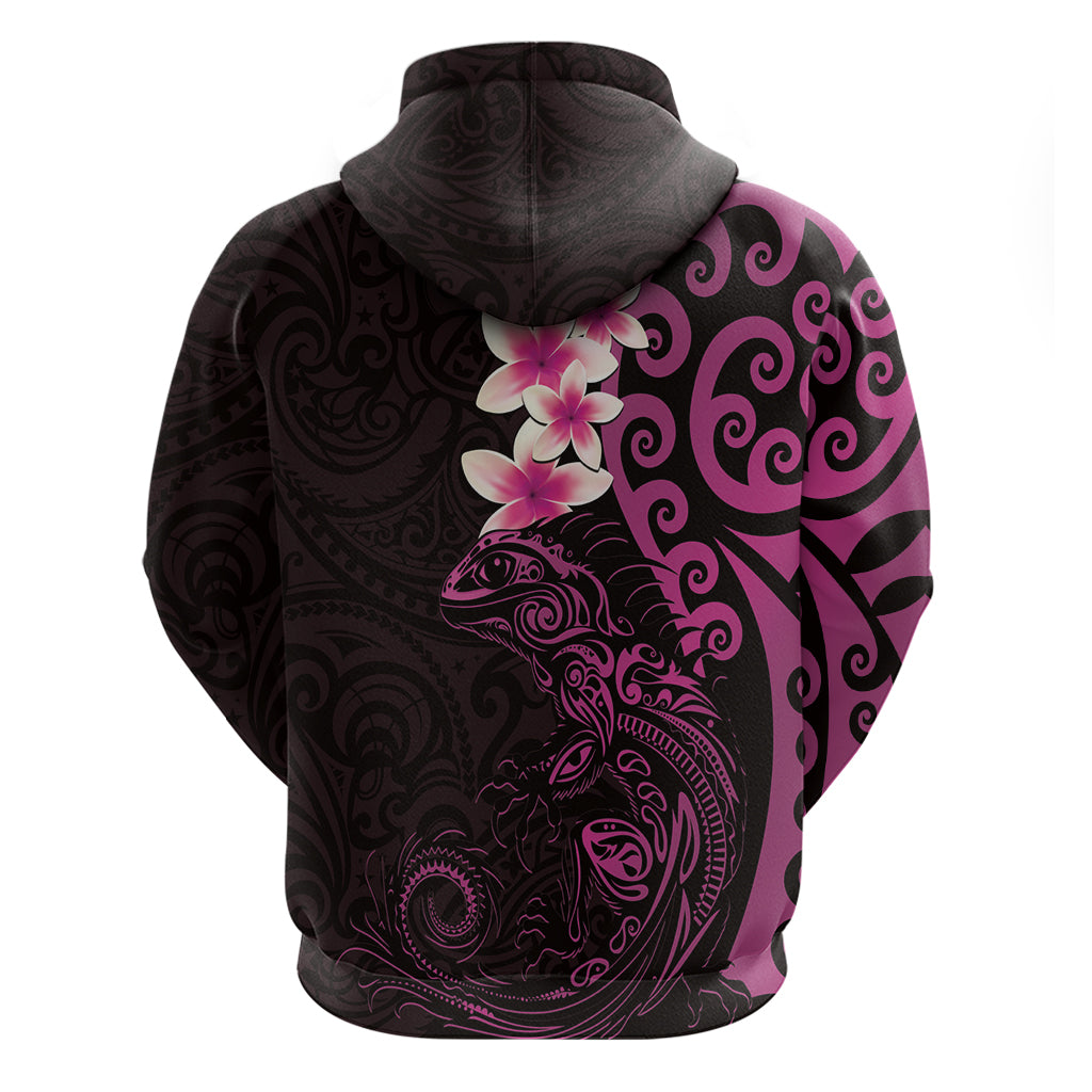New Zealand Tuatara Plumeria Zip Hoodie Maori Pink Koru Tribal Tattoo