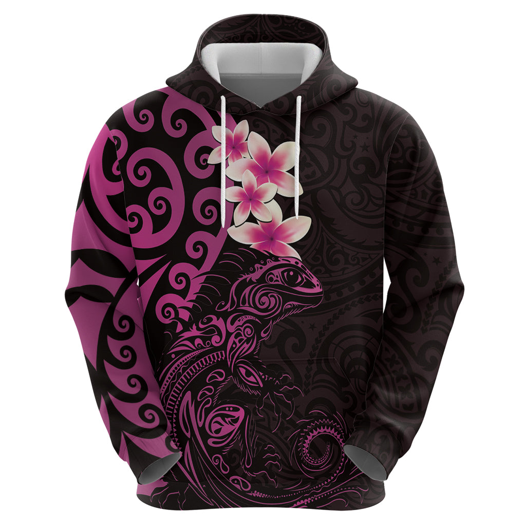 New Zealand Tuatara Plumeria Zip Hoodie Maori Pink Koru Tribal Tattoo