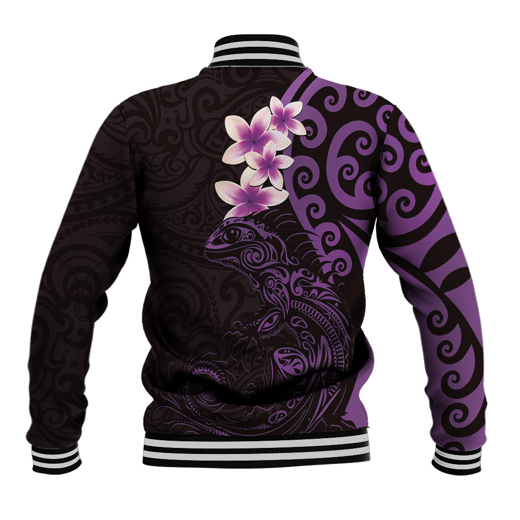 New Zealand Tuatara Plumeria Baseball Jacket Maori Purple Koru Tribal Tattoo