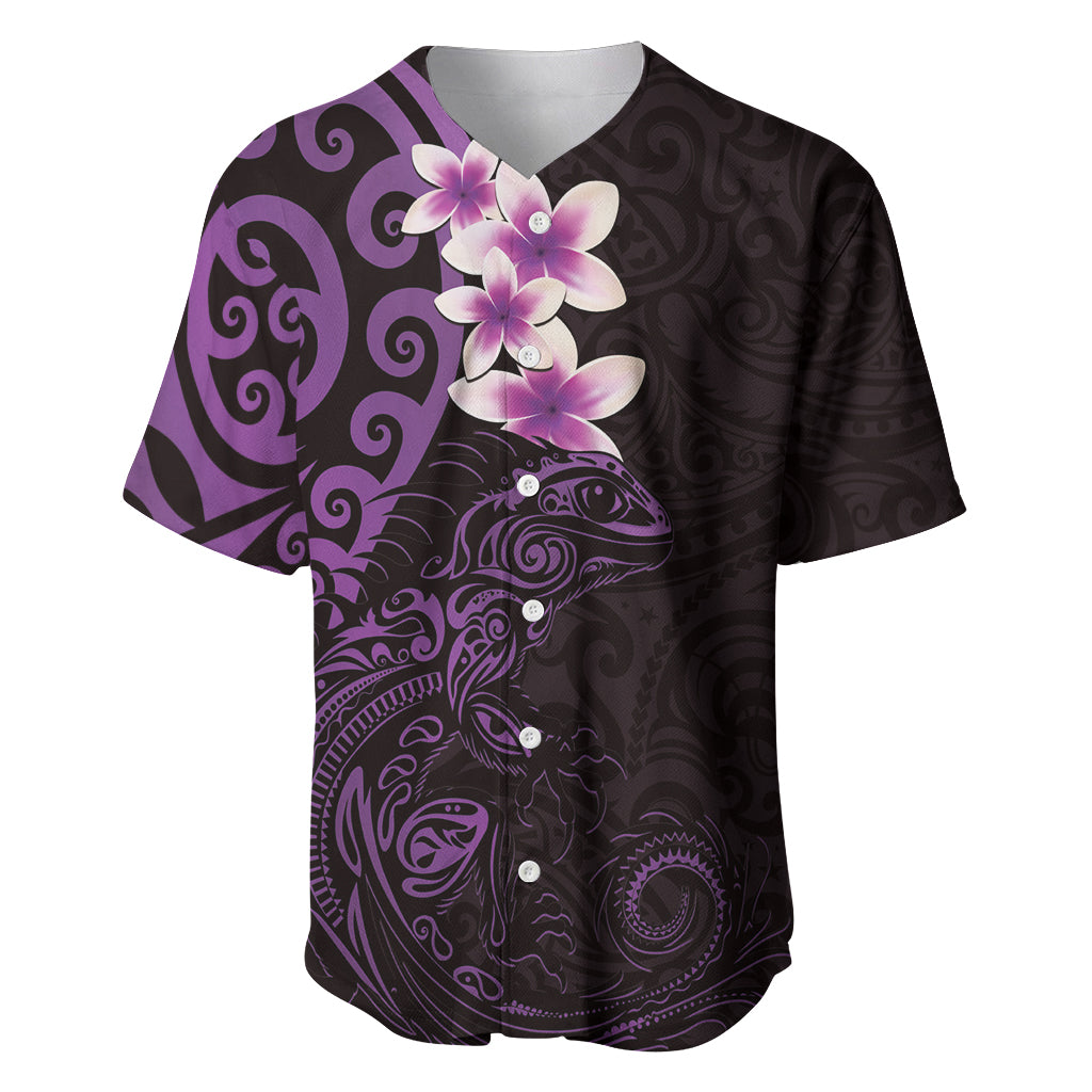 New Zealand Tuatara Plumeria Baseball Jersey Maori Purple Koru Tribal Tattoo