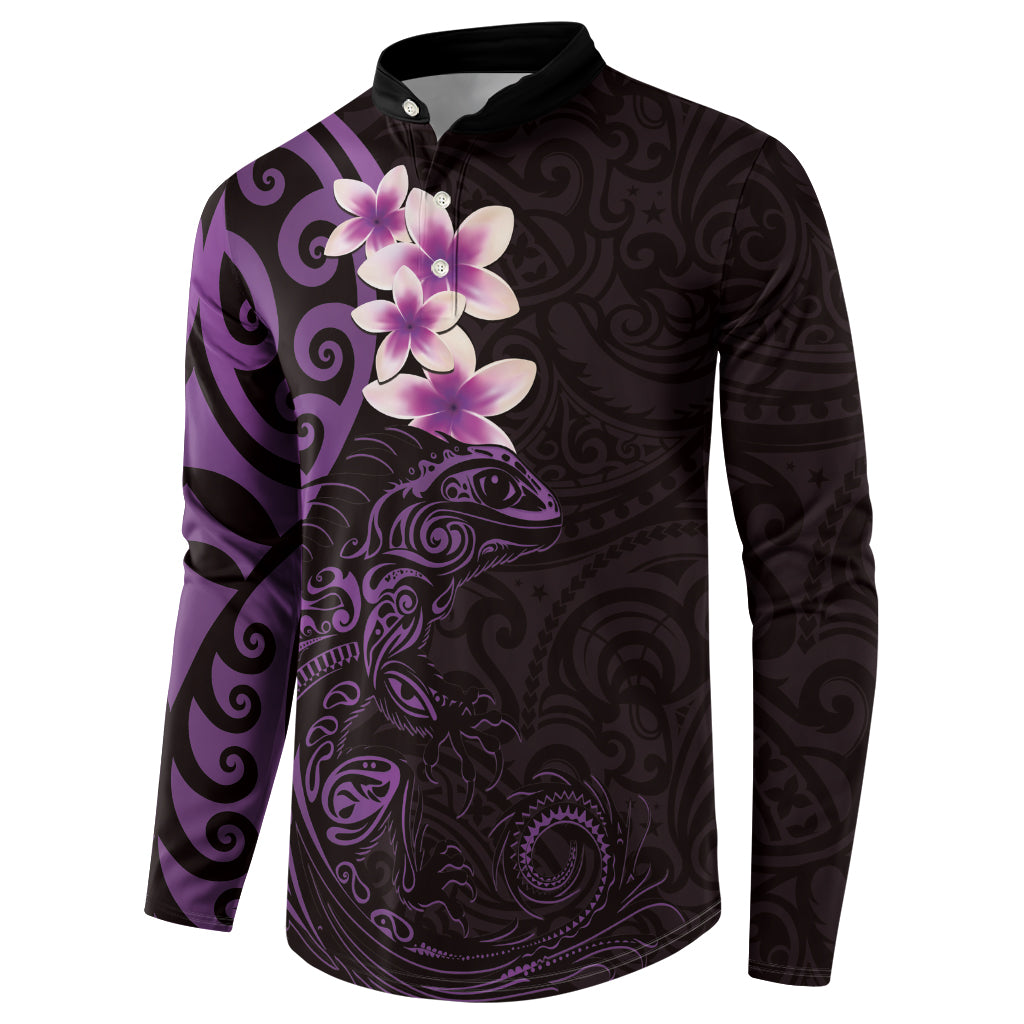 New Zealand Tuatara Plumeria Button Sweatshirt Maori Purple Koru Tribal Tattoo