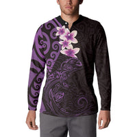 New Zealand Tuatara Plumeria Button Sweatshirt Maori Purple Koru Tribal Tattoo