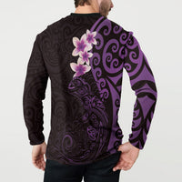 New Zealand Tuatara Plumeria Button Sweatshirt Maori Purple Koru Tribal Tattoo
