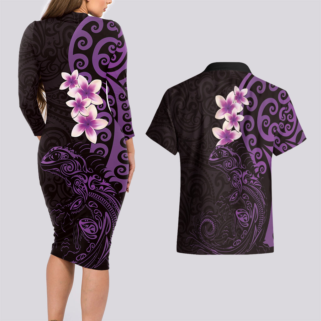 New Zealand Tuatara Plumeria Couples Matching Long Sleeve Bodycon Dress and Hawaiian Shirt Maori Purple Koru Tribal Tattoo