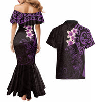 New Zealand Tuatara Plumeria Couples Matching Mermaid Dress and Hawaiian Shirt Maori Purple Koru Tribal Tattoo