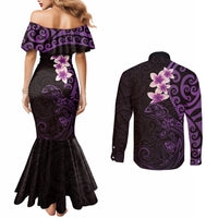 New Zealand Tuatara Plumeria Couples Matching Mermaid Dress and Long Sleeve Button Shirt Maori Purple Koru Tribal Tattoo