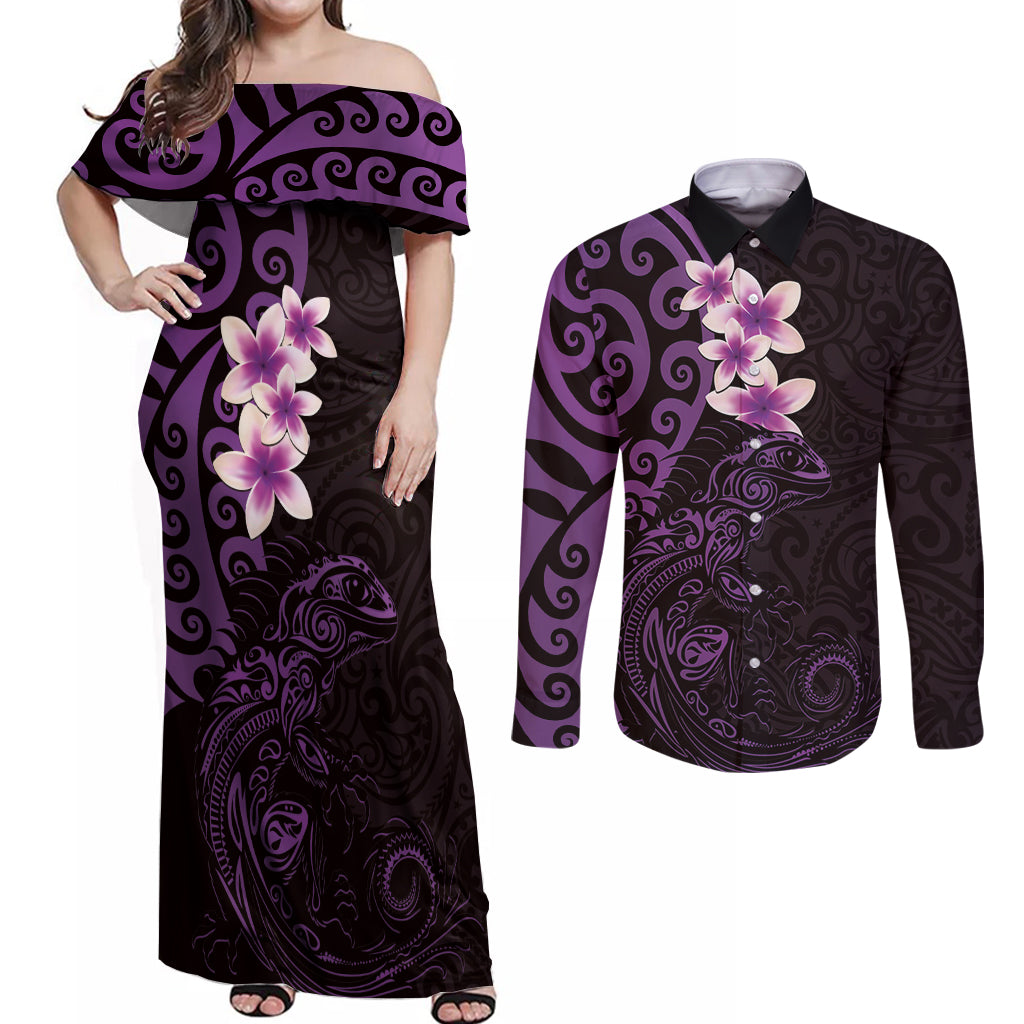 New Zealand Tuatara Plumeria Couples Matching Off Shoulder Maxi Dress and Long Sleeve Button Shirt Maori Purple Koru Tribal Tattoo