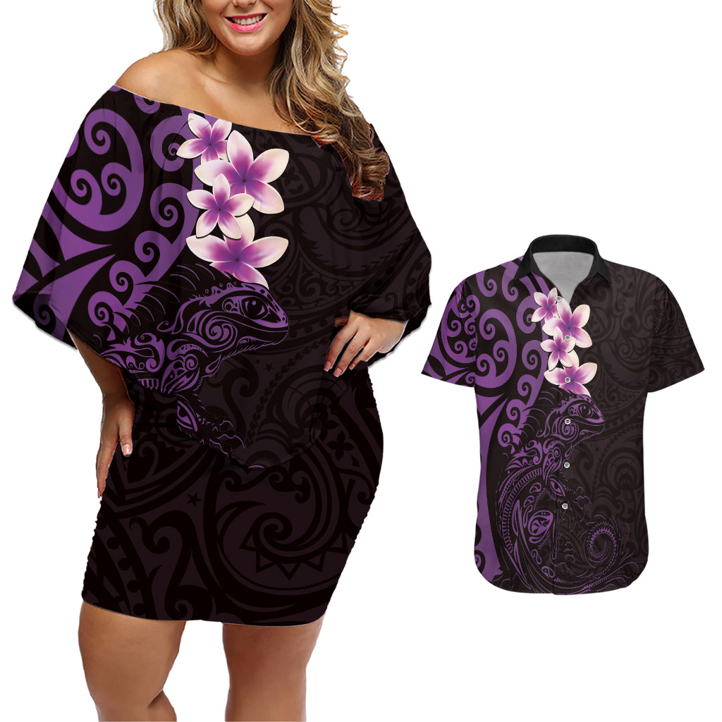 New Zealand Tuatara Plumeria Couples Matching Off Shoulder Short Dress and Hawaiian Shirt Maori Purple Koru Tribal Tattoo