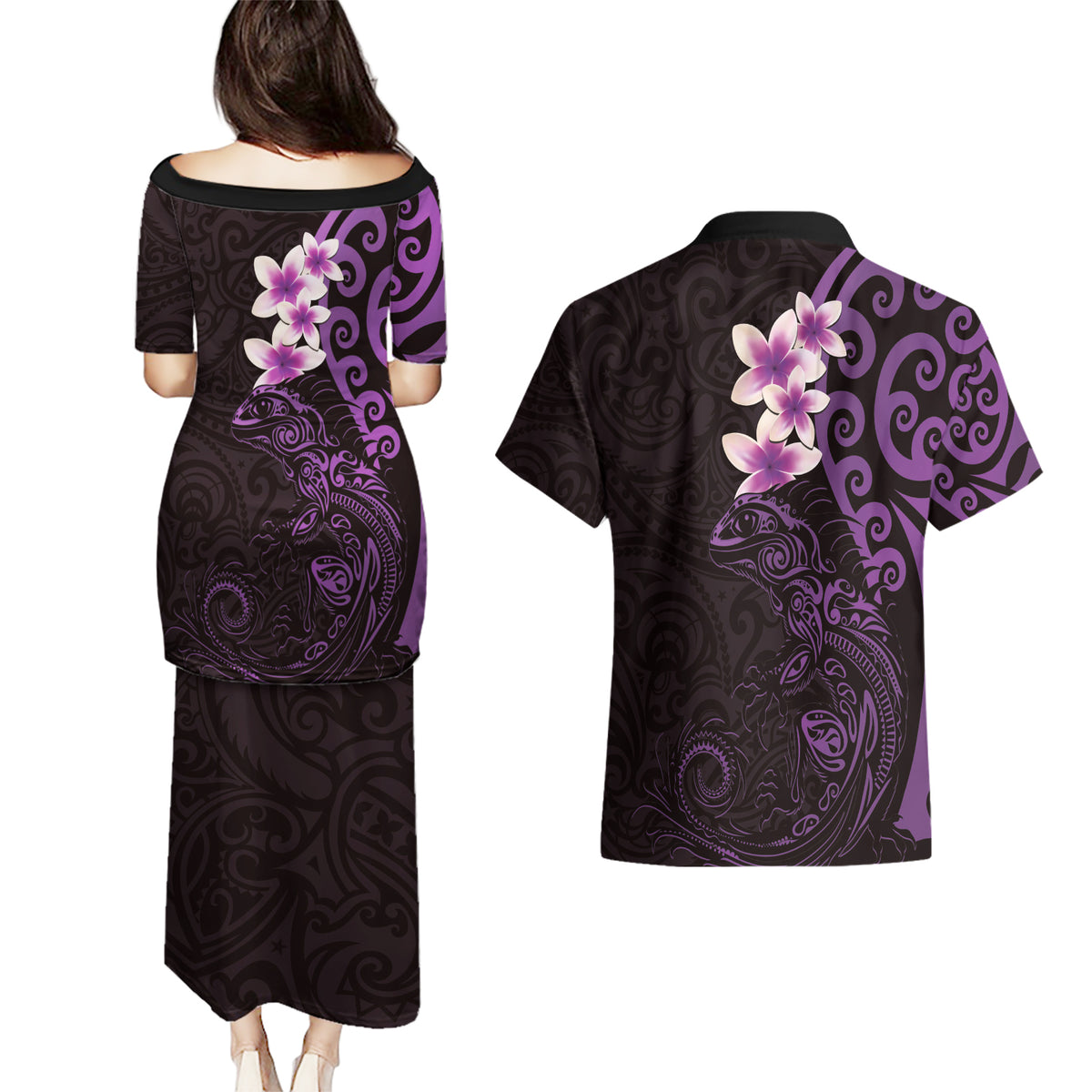 New Zealand Tuatara Plumeria Couples Matching Puletasi and Hawaiian Shirt Maori Purple Koru Tribal Tattoo