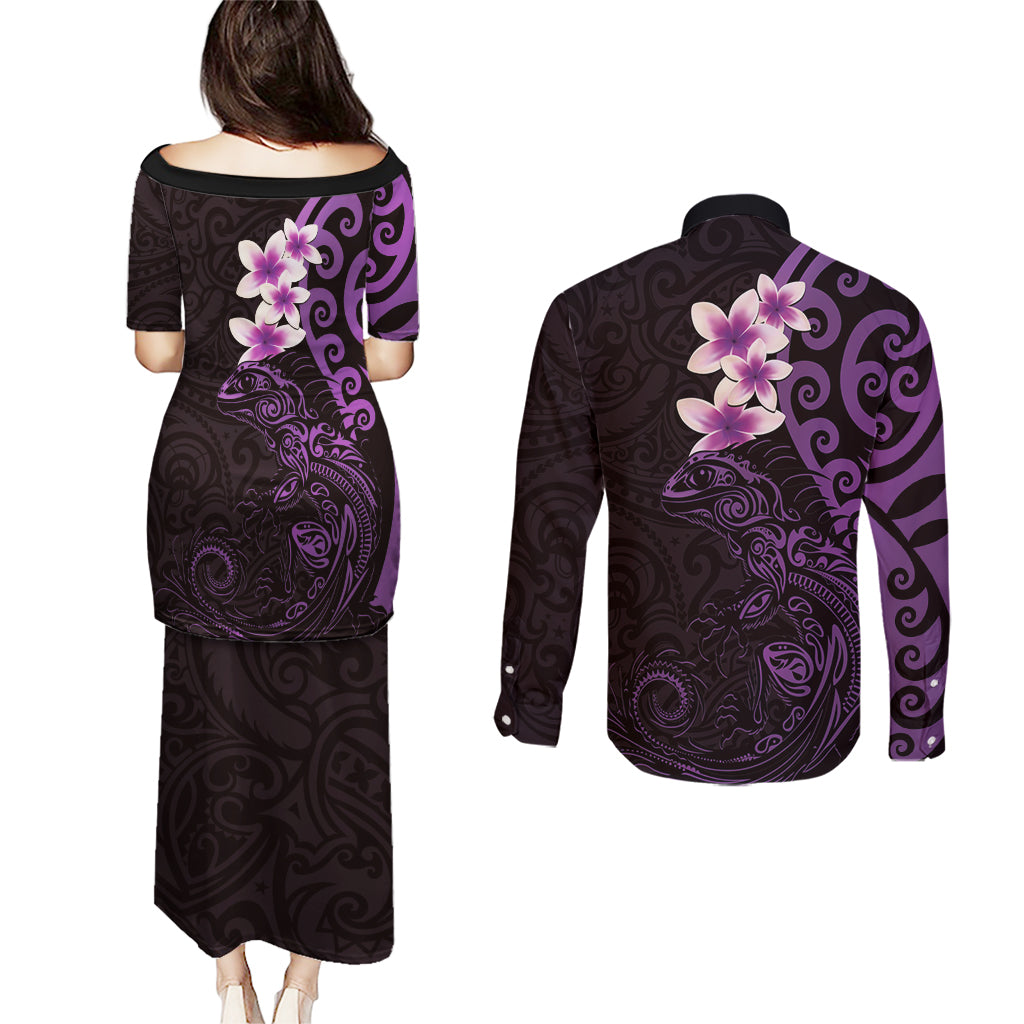 New Zealand Tuatara Plumeria Couples Matching Puletasi and Long Sleeve Button Shirt Maori Purple Koru Tribal Tattoo