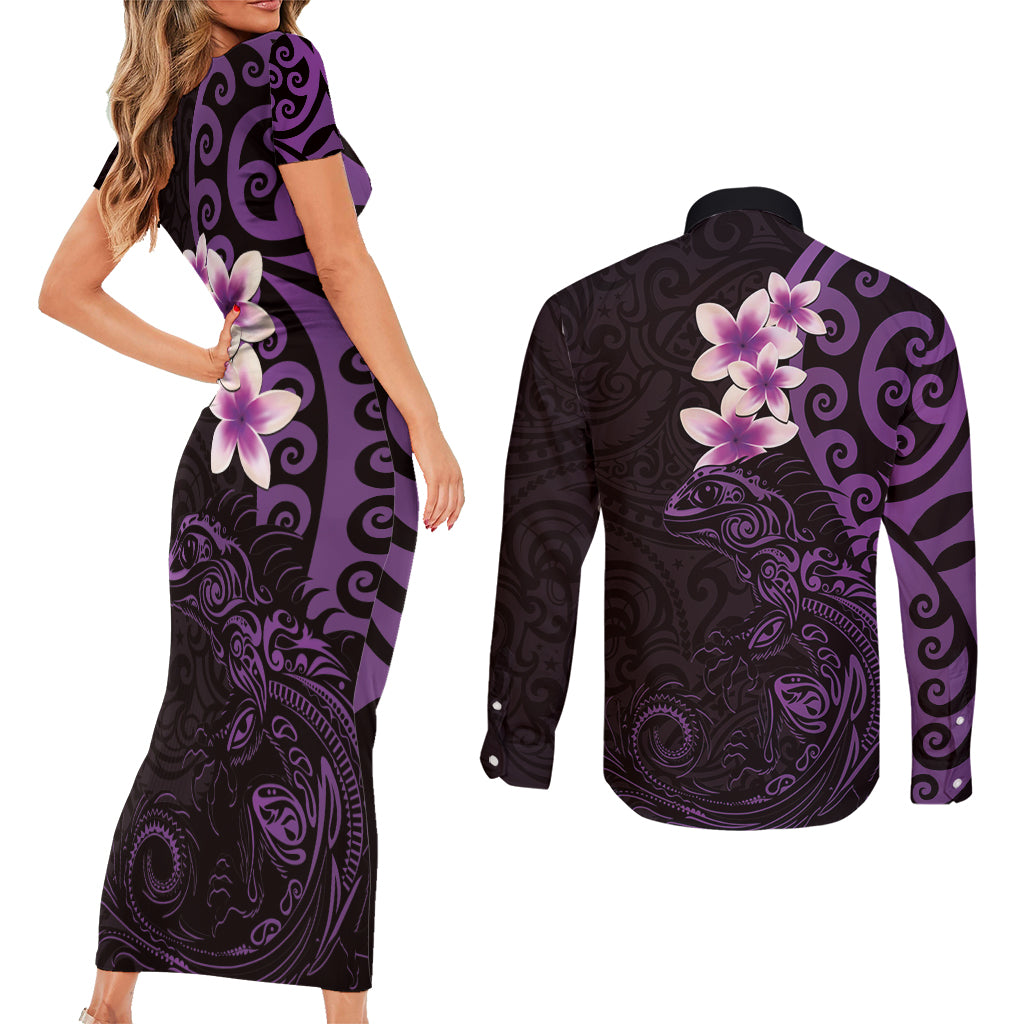 New Zealand Tuatara Plumeria Couples Matching Short Sleeve Bodycon Dress and Long Sleeve Button Shirt Maori Purple Koru Tribal Tattoo