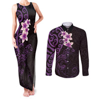 New Zealand Tuatara Plumeria Couples Matching Tank Maxi Dress and Long Sleeve Button Shirt Maori Purple Koru Tribal Tattoo