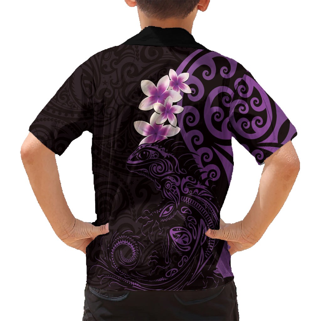 New Zealand Tuatara Plumeria Family Matching Long Sleeve Bodycon Dress and Hawaiian Shirt Maori Purple Koru Tribal Tattoo LT01 - Polynesian Pride