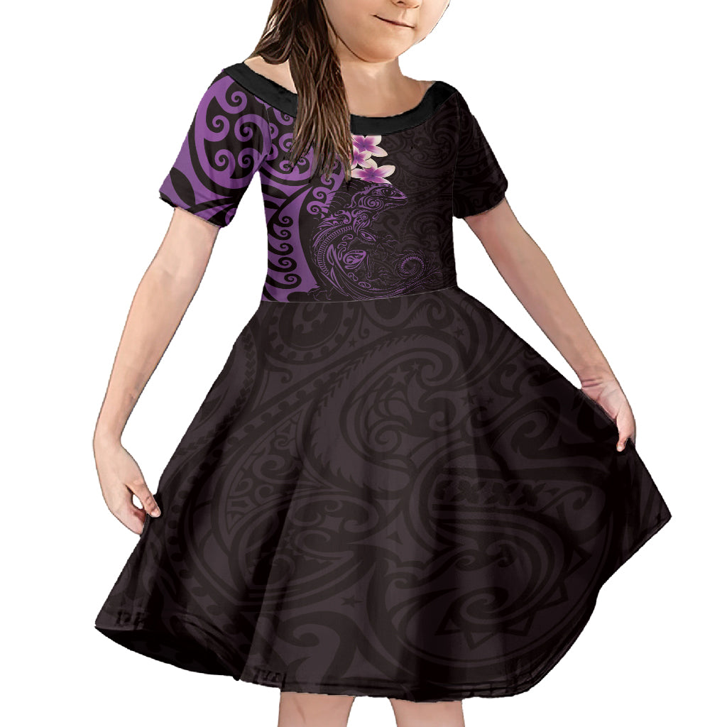 New Zealand Tuatara Plumeria Family Matching Long Sleeve Bodycon Dress and Hawaiian Shirt Maori Purple Koru Tribal Tattoo LT01 Daughter's Dress Purple - Polynesian Pride