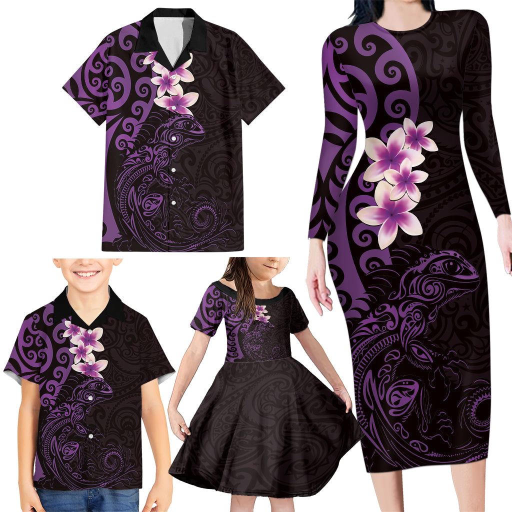 New Zealand Tuatara Plumeria Family Matching Long Sleeve Bodycon Dress and Hawaiian Shirt Maori Purple Koru Tribal Tattoo LT01 - Polynesian Pride