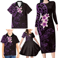 New Zealand Tuatara Plumeria Family Matching Long Sleeve Bodycon Dress and Hawaiian Shirt Maori Purple Koru Tribal Tattoo LT01 - Polynesian Pride