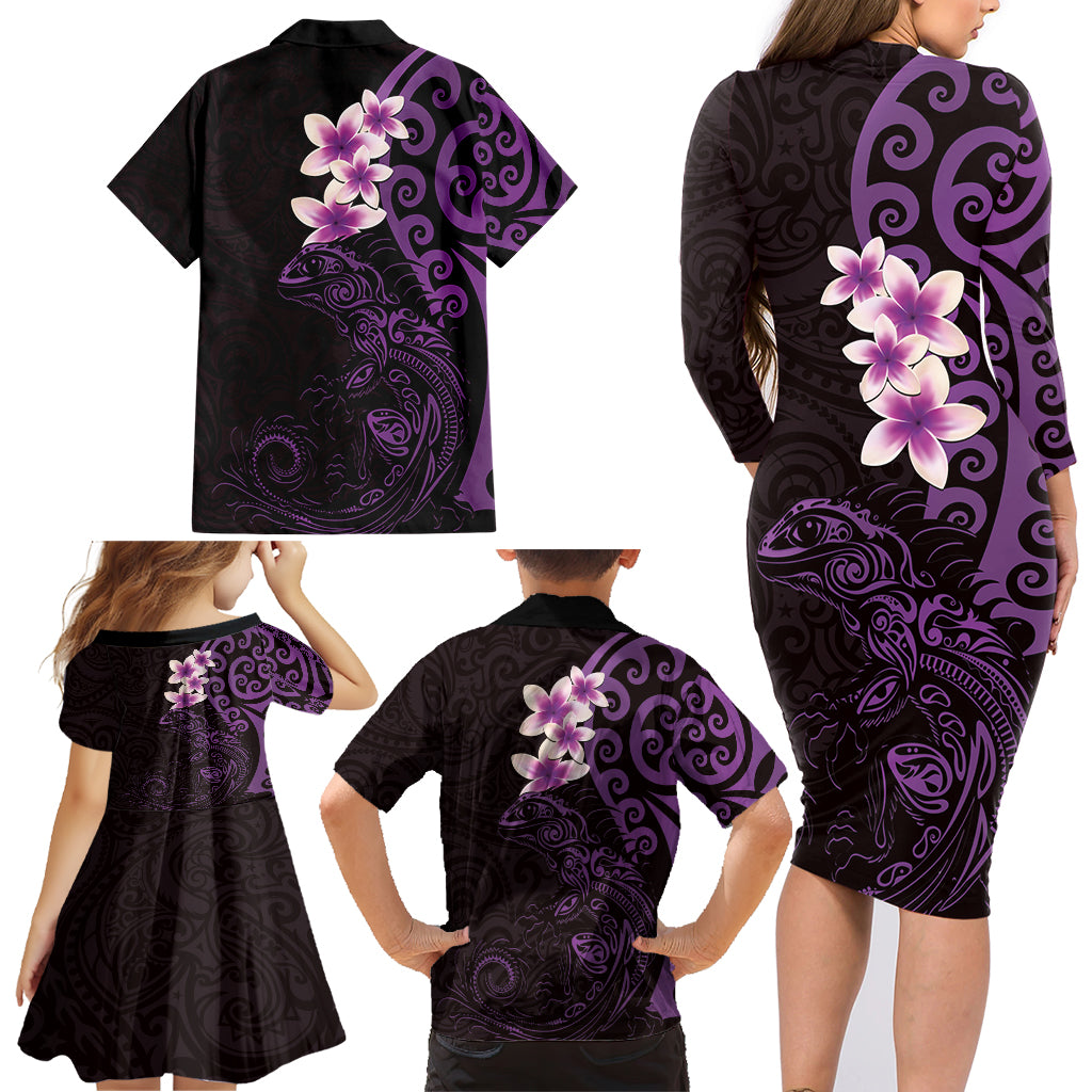 New Zealand Tuatara Plumeria Family Matching Long Sleeve Bodycon Dress and Hawaiian Shirt Maori Purple Koru Tribal Tattoo LT01 - Polynesian Pride