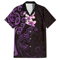 New Zealand Tuatara Plumeria Family Matching Long Sleeve Bodycon Dress and Hawaiian Shirt Maori Purple Koru Tribal Tattoo LT01 Dad's Shirt - Short Sleeve Purple - Polynesian Pride