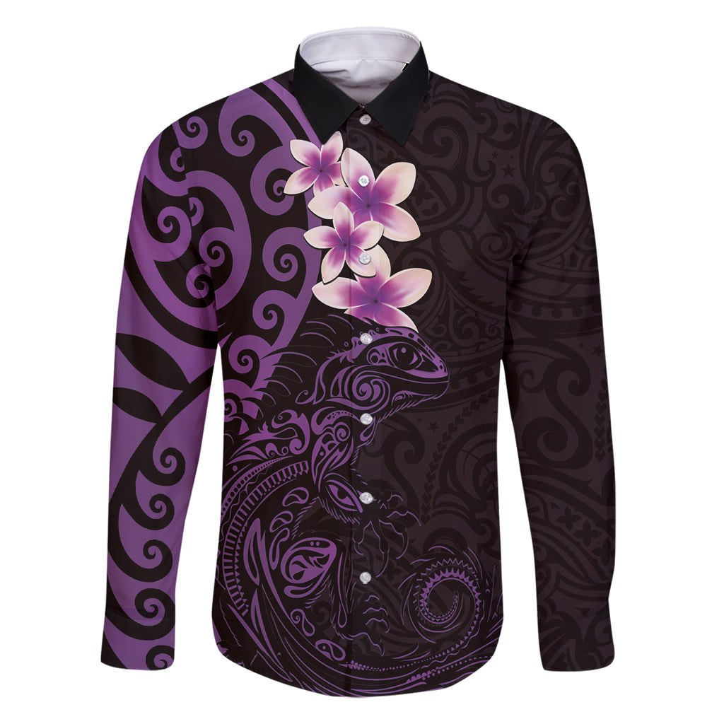 New Zealand Tuatara Plumeria Family Matching Long Sleeve Bodycon Dress and Hawaiian Shirt Maori Purple Koru Tribal Tattoo LT01 Dad's Shirt - Long Sleeve Purple - Polynesian Pride