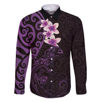 New Zealand Tuatara Plumeria Family Matching Long Sleeve Bodycon Dress and Hawaiian Shirt Maori Purple Koru Tribal Tattoo LT01 Dad's Shirt - Long Sleeve Purple - Polynesian Pride