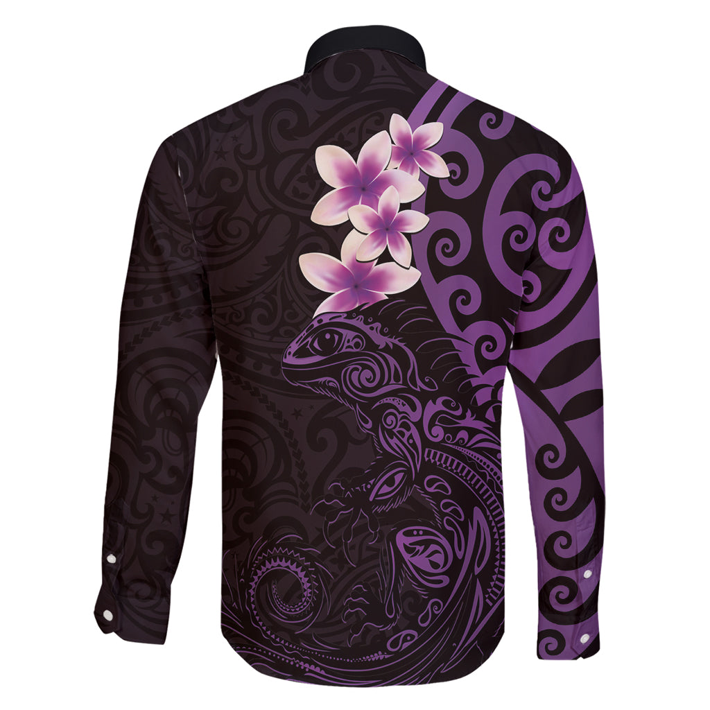 New Zealand Tuatara Plumeria Family Matching Long Sleeve Bodycon Dress and Hawaiian Shirt Maori Purple Koru Tribal Tattoo LT01 - Polynesian Pride