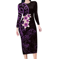 New Zealand Tuatara Plumeria Family Matching Long Sleeve Bodycon Dress and Hawaiian Shirt Maori Purple Koru Tribal Tattoo LT01 Mom's Dress Purple - Polynesian Pride