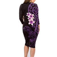 New Zealand Tuatara Plumeria Family Matching Long Sleeve Bodycon Dress and Hawaiian Shirt Maori Purple Koru Tribal Tattoo LT01 - Polynesian Pride