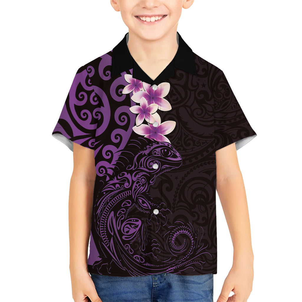 New Zealand Tuatara Plumeria Family Matching Long Sleeve Bodycon Dress and Hawaiian Shirt Maori Purple Koru Tribal Tattoo LT01 Son's Shirt Purple - Polynesian Pride