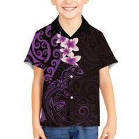 New Zealand Tuatara Plumeria Family Matching Long Sleeve Bodycon Dress and Hawaiian Shirt Maori Purple Koru Tribal Tattoo LT01 Son's Shirt Purple - Polynesian Pride