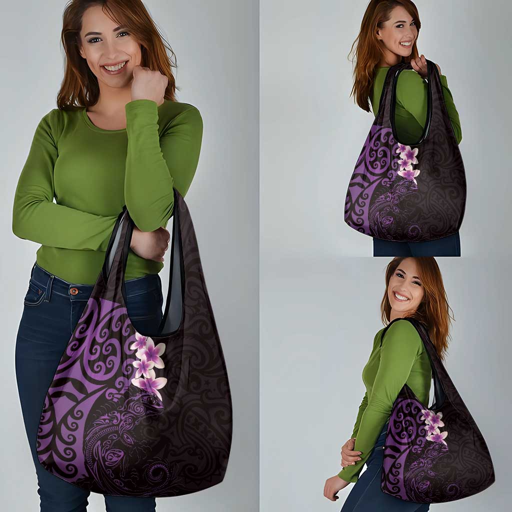 New Zealand Tuatara Plumeria Grocery Bag Maori Purple Koru Tribal Tattoo