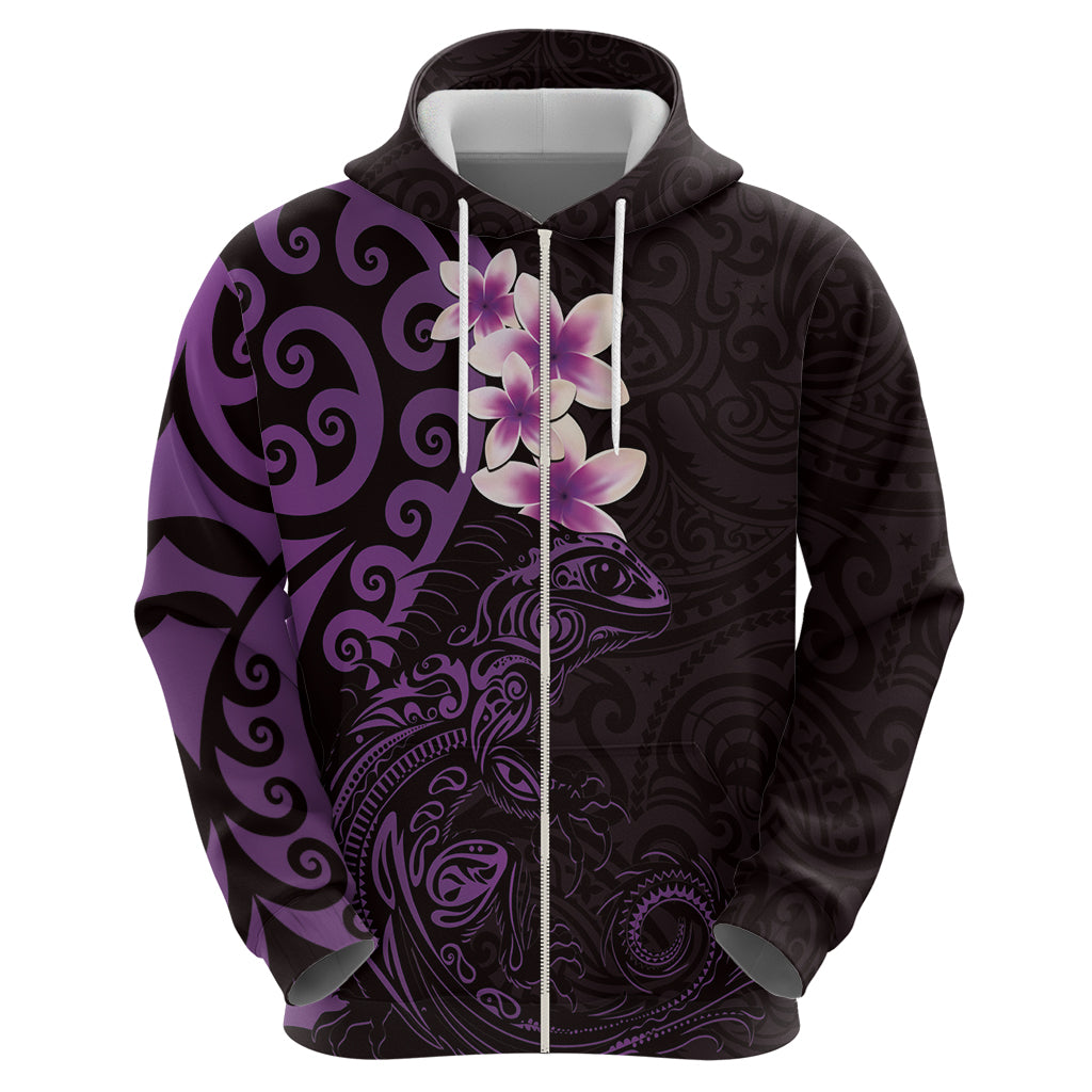 New Zealand Tuatara Plumeria Hoodie Maori Purple Koru Tribal Tattoo