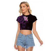 New Zealand Tuatara Plumeria Raglan Cropped T Shirt Maori Purple Koru Tribal Tattoo