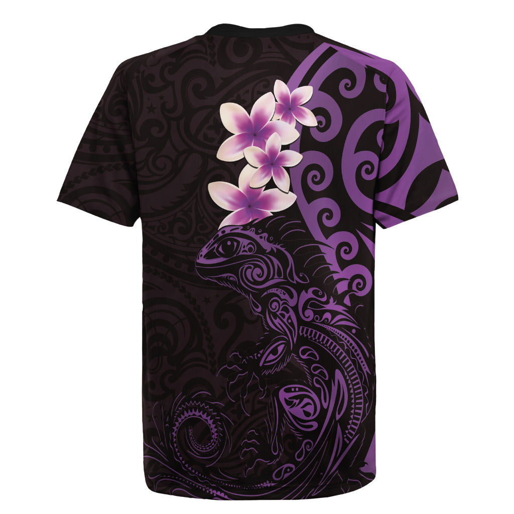New Zealand Tuatara Plumeria Rugby Jersey Maori Purple Koru Tribal Tattoo
