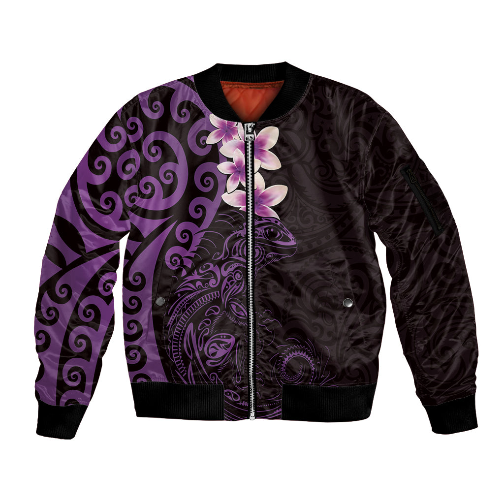 New Zealand Tuatara Plumeria Sleeve Zip Bomber Jacket Maori Purple Koru Tribal Tattoo