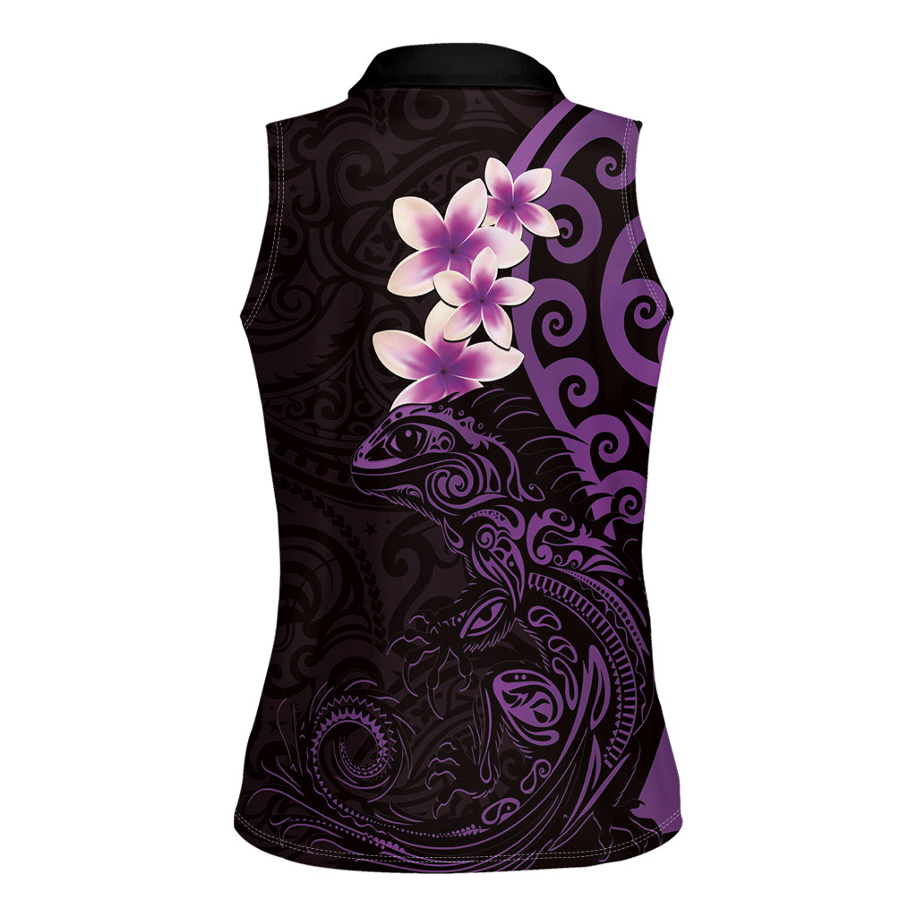 New Zealand Tuatara Plumeria Women Sleeveless Polo Shirt Maori Purple Koru Tribal Tattoo