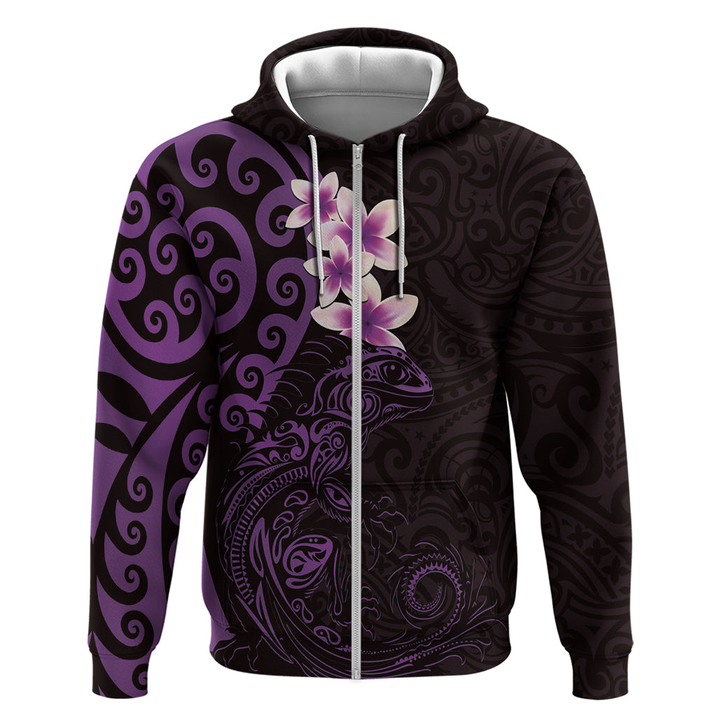 New Zealand Tuatara Plumeria Zip Hoodie Maori Purple Koru Tribal Tattoo