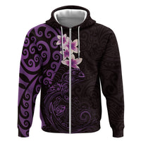 New Zealand Tuatara Plumeria Zip Hoodie Maori Purple Koru Tribal Tattoo
