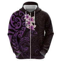 New Zealand Tuatara Plumeria Zip Hoodie Maori Purple Koru Tribal Tattoo