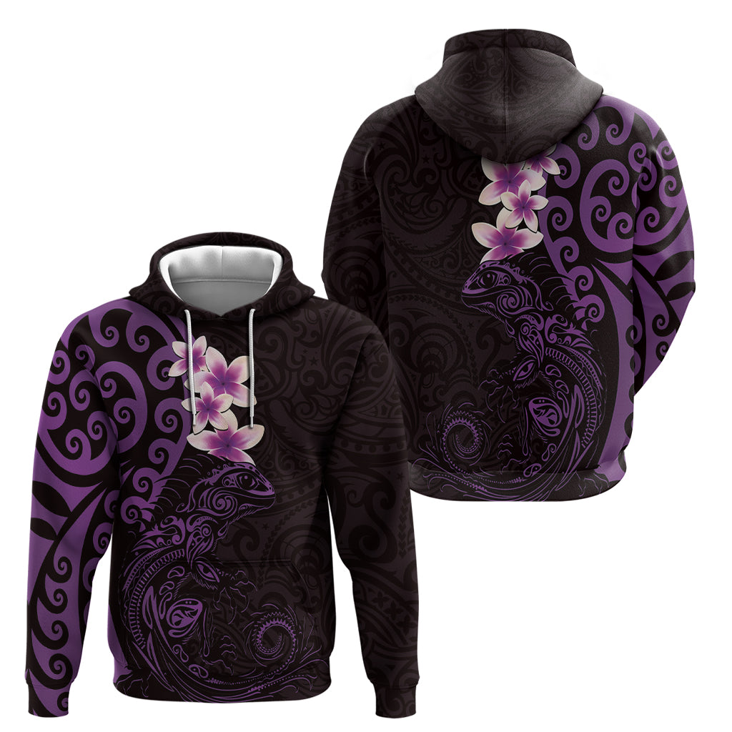 New Zealand Tuatara Plumeria Zip Hoodie Maori Purple Koru Tribal Tattoo