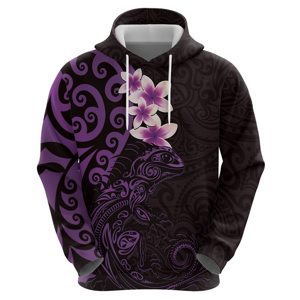 New Zealand Tuatara Plumeria Zip Hoodie Maori Purple Koru Tribal Tattoo