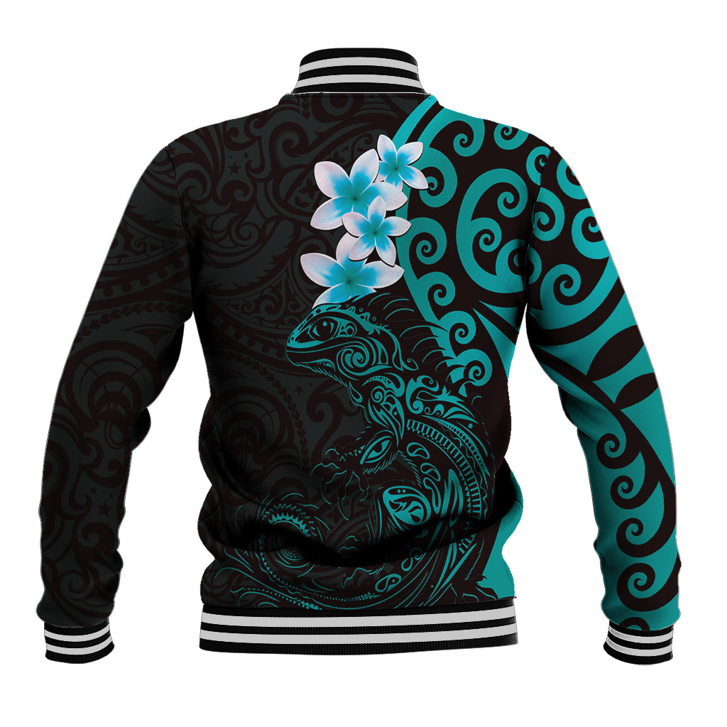 New Zealand Tuatara Plumeria Baseball Jacket Maori Teal Koru Tribal Tattoo