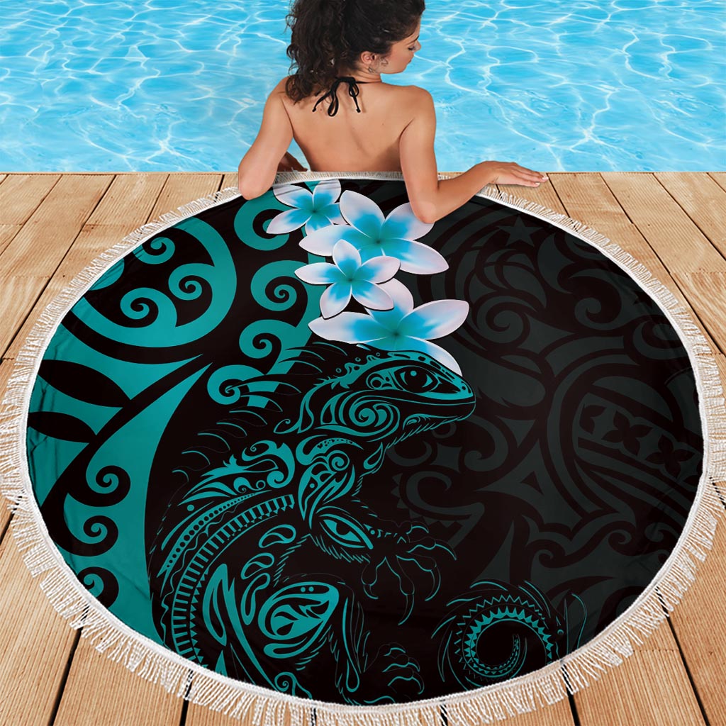 New Zealand Tuatara Plumeria Beach Blanket Maori Teal Koru Tribal Tattoo