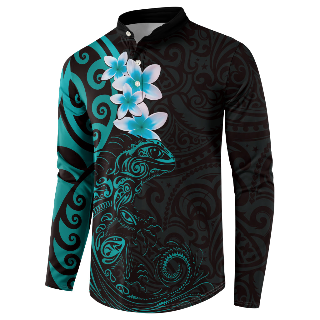 New Zealand Tuatara Plumeria Button Sweatshirt Maori Teal Koru Tribal Tattoo