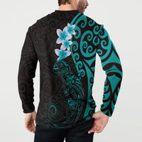 New Zealand Tuatara Plumeria Button Sweatshirt Maori Teal Koru Tribal Tattoo