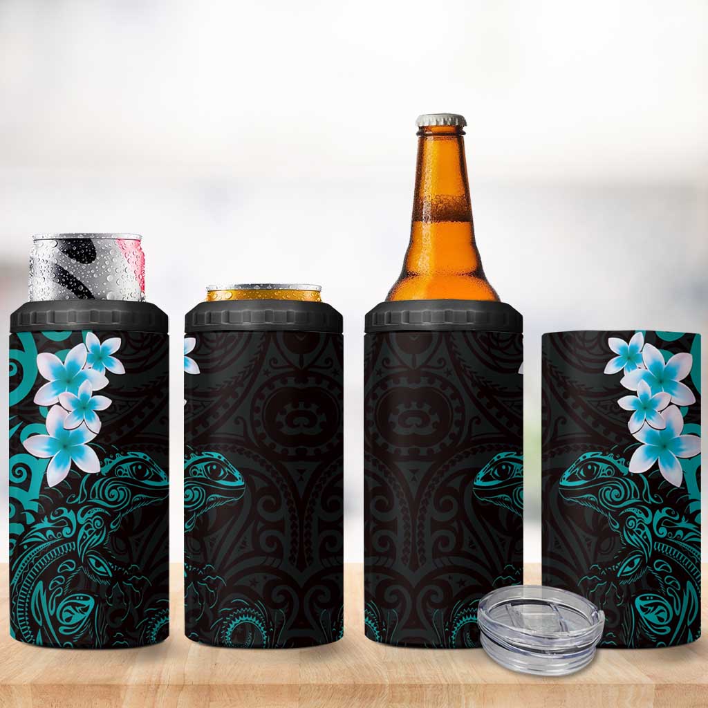 New Zealand Tuatara Plumeria 4 in 1 Can Cooler Tumbler Maori Teal Koru Tribal Tattoo