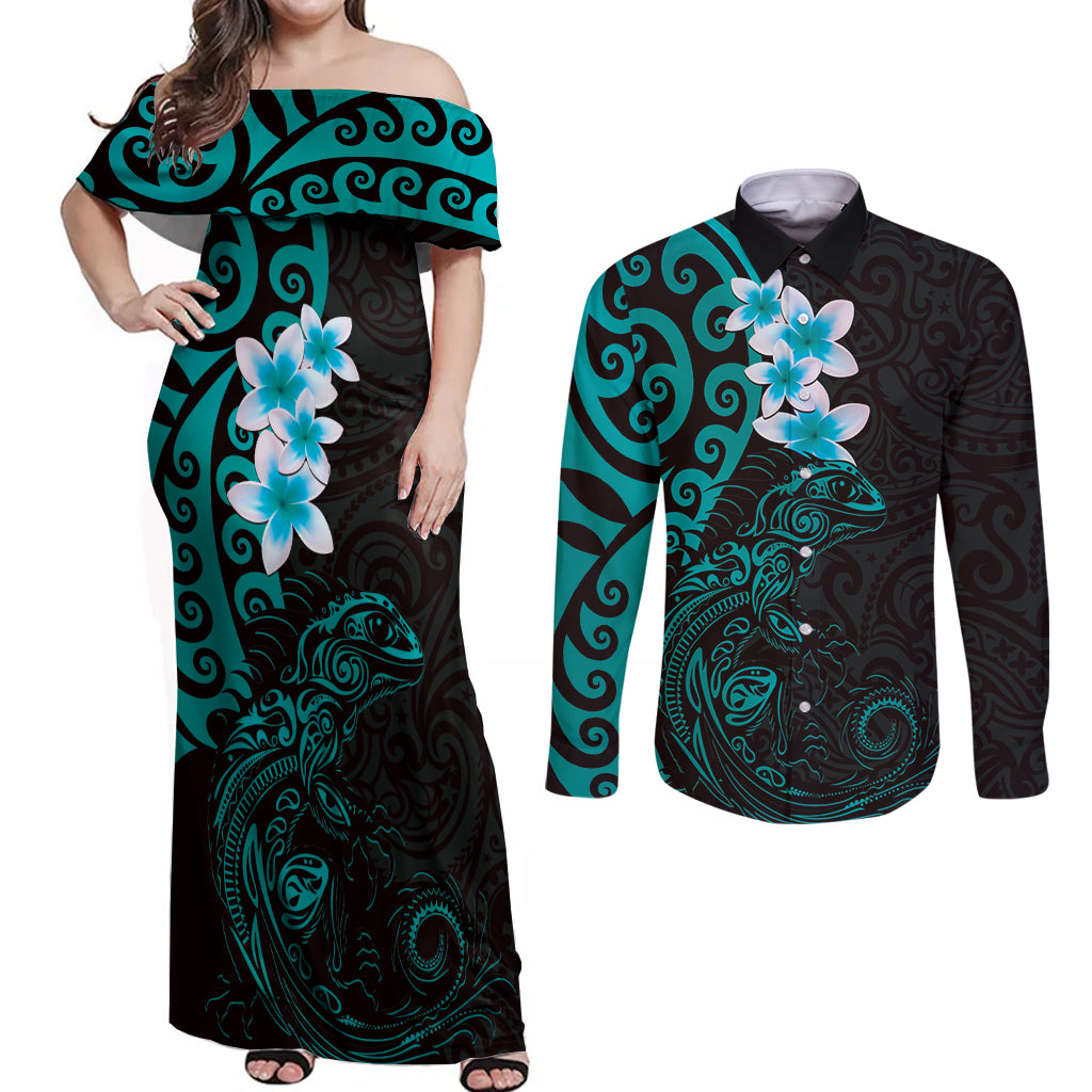 New Zealand Tuatara Plumeria Couples Matching Off Shoulder Maxi Dress and Long Sleeve Button Shirt Maori Teal Koru Tribal Tattoo